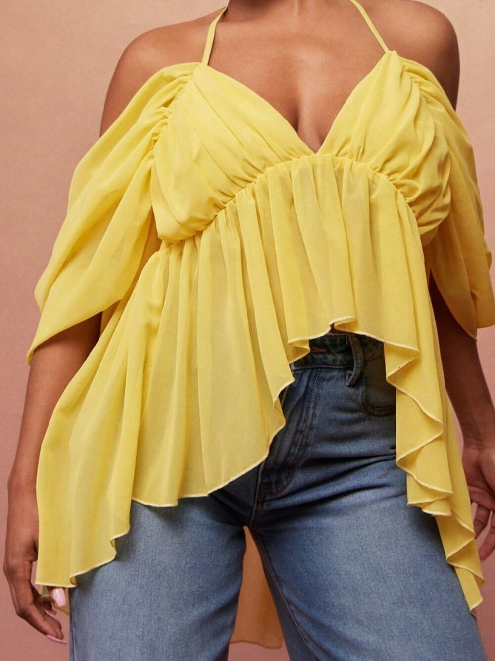 Yellow Casual Women's Chiffon Off Shoulder Sleeve Asymmetrical Peplum Top - Picture 3 of 5